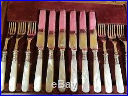 Antique Vintage Mother of Pearl Silver/Silver Plate Dessert Cutlery Set 12 Piece