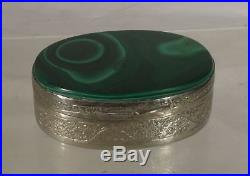Antique Vintage Silver Plate or Silver Mounted Malachite Snuff Jewelry Box