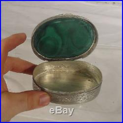 Antique Vintage Silver Plate or Silver Mounted Malachite Snuff Jewelry Box