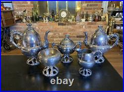 Antique Vintage Silver Plated Coffee Tea Pot 5 Piece Set, Acorns Tree Trunk Base