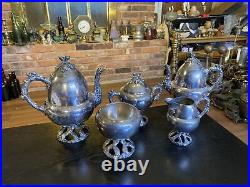 Antique Vintage Silver Plated Coffee Tea Pot 5 Piece Set, Acorns Tree Trunk Base