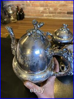 Antique Vintage Silver Plated Coffee Tea Pot 5 Piece Set, Acorns Tree Trunk Base