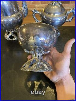 Antique Vintage Silver Plated Coffee Tea Pot 5 Piece Set, Acorns Tree Trunk Base