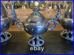 Antique Vintage Silver Plated Coffee Tea Pot 5 Piece Set, Acorns Tree Trunk Base