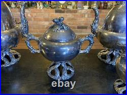 Antique Vintage Silver Plated Coffee Tea Pot 5 Piece Set, Acorns Tree Trunk Base