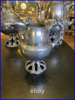 Antique Vintage Silver Plated Coffee Tea Pot 5 Piece Set, Acorns Tree Trunk Base