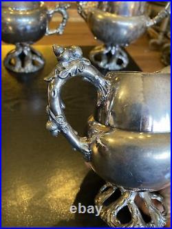 Antique Vintage Silver Plated Coffee Tea Pot 5 Piece Set, Acorns Tree Trunk Base