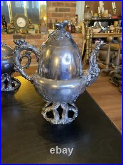 Antique Vintage Silver Plated Coffee Tea Pot 5 Piece Set, Acorns Tree Trunk Base