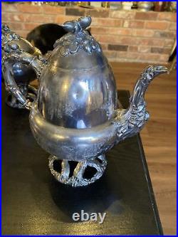 Antique Vintage Silver Plated Coffee Tea Pot 5 Piece Set, Acorns Tree Trunk Base