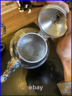 Antique Vintage Silver Plated Coffee Tea Pot 5 Piece Set, Acorns Tree Trunk Base