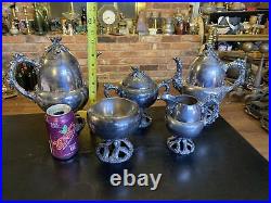 Antique Vintage Silver Plated Coffee Tea Pot 5 Piece Set, Acorns Tree Trunk Base