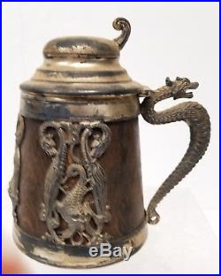 Antique Vintage Silver Plated Dragon Sea Serpent Stein Mug Tankard