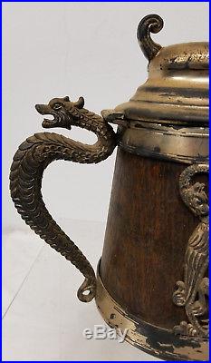 Antique Vintage Silver Plated Dragon Sea Serpent Stein Mug Tankard