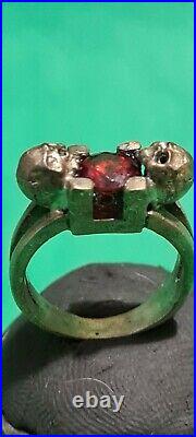 Antique gold-plated Victorian silver ring Memento Mori with skull and stone