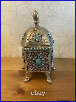 Antique islamic Persian Art silver Plated and turquoise Decorated Box