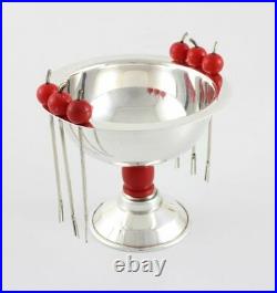 Art Deco Cherry Cocktail Sticks Picks & Silver Plated Olive Bowl. PHV Co. C1930