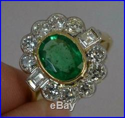Art Deco Vintage 14k Yellow Gold Plated 1.50 Ct Emerald & Diamond Cluster Ring