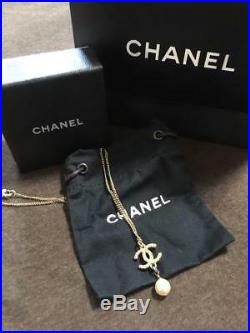 Auth CHANEL Silver Plated CC Logos Vintage Charm Pearl Chain Necklace CN0082