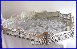 Big Rare Vintage Ornate 20 Silver Plate Serving Gallery Tray Chased Pierced