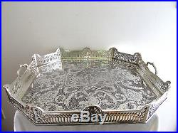 Big Rare Vintage Ornate 20 Silver Plate Serving Gallery Tray Chased Pierced