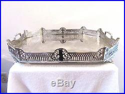 Big Rare Vintage Ornate Silver Plate Serving Gallery Tray Chased Pierced Footed
