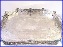 Big Rare Vintage Ornate Silver Plate Serving Gallery Tray Chased Pierced Footed