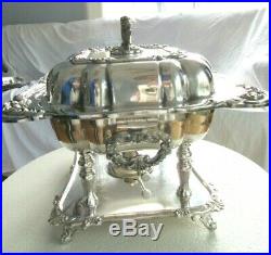 Big Vintage Silverplate Double Chafing Dish Sterno Ornate Stand Chippendale