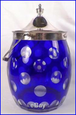 Blue Bohemian Glass Biscuit Jar Cracker Silverplate Lid Handle Cut Glass Vintage