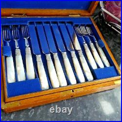 Boxed Antique Silver Plate 24 Dessert Knives & Forks Mother Of Pearl Handles