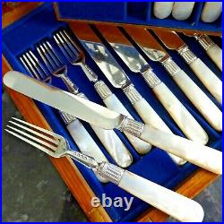 Boxed Antique Silver Plate 24 Dessert Knives & Forks Mother Of Pearl Handles