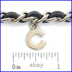 CHANEL Silver Plated & Black Leather Logo Charm Vintage Chain Belt #171c Rise-on
