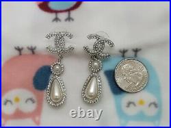 CHANEL Silver Plated CC Logos Vintage Swing Pierced Hoop Dangle Earrings
