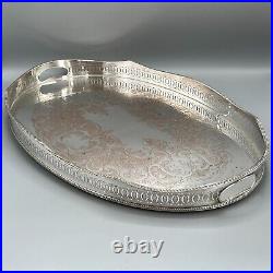 EXTRA LARGE Antique Silver Plated Gallery Butler Serving Tray Handles Vtg Huge