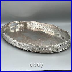 EXTRA LARGE Antique Silver Plated Gallery Butler Serving Tray Handles Vtg Huge