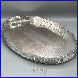 EXTRA LARGE Antique Silver Plated Gallery Butler Serving Tray Handles Vtg Huge