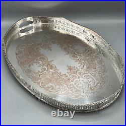 EXTRA LARGE Antique Silver Plated Gallery Butler Serving Tray Handles Vtg Huge