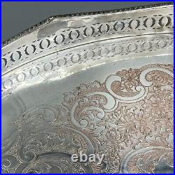 EXTRA LARGE Antique Silver Plated Gallery Butler Serving Tray Handles Vtg Huge