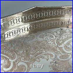 EXTRA LARGE Antique Silver Plated Gallery Butler Serving Tray Handles Vtg Huge