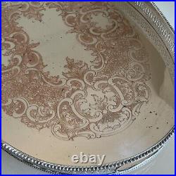 EXTRA LARGE Antique Silver Plated Gallery Butler Serving Tray Handles Vtg Huge