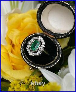 Emerald Simulated Green Emerald Art Deco Vintage Ring In 14k White Gold Plated