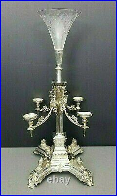 Epergne Winged Dragons Silver Plate Centerpiece Vase Lions Lizards Victorian Vtg