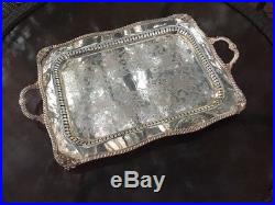 Estate Large Heavy Vintage Silver on Copper Ornate Footed Butler's Serving Tray