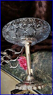 FAB Vintage ORNATE 18Tall HALLMARKED Silver Plate 3 Arm Epergne Crystal Bowls