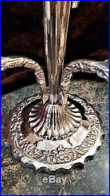 FAB Vintage ORNATE 18Tall HALLMARKED Silver Plate 3 Arm Epergne Crystal Bowls