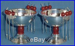 Fab Vintage Art Deco Silver Plate Cocktail Sticks Red Cherry Tops and Dishes x 2