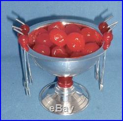 Fab Vintage Art Deco Silver Plate Cocktail Sticks Red Cherry Tops and Dishes x 2