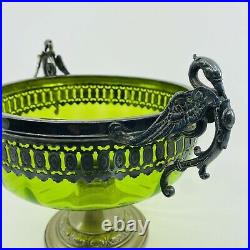 German Antique Art Nouveau WMF Lime Green Glass Silver Plated Swan Handled Dish