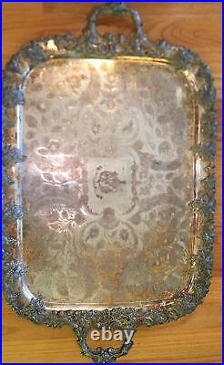 Gilded Age Baroque Lg. Butler Tray Silver Plated withHandles & Coat of Arms