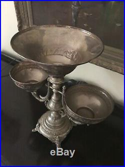 HUGE Vintage Silver Plate Epergne 3 Bowls Center Piece GORGEOUS! EUC