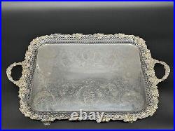 Huge Vintage Barker Ellis 29 Silverplate Footed Serving Tray Pierced with Grapes